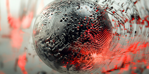 Poster - Abstract Metallic Sphere in Red Light: A close-up shot of a metallic sphere, its surface textured and intricate, illuminated by a vibrant red glow.