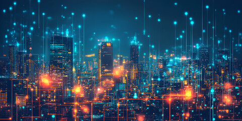 Poster - Cyber City Skyline: A mesmerizing panorama of a futuristic cityscape illuminated by a cascade of blue digital lines, signifying the interconnectedness of technology and urban life.  