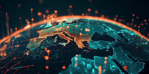 Poster - Global Network: A mesmerizing, abstract illustration of the Earth, rendered in vibrant blue and orange hues, with glowing data points connecting across continents.