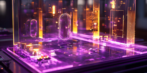 Poster - Neon Cityscape in Glass Cube 