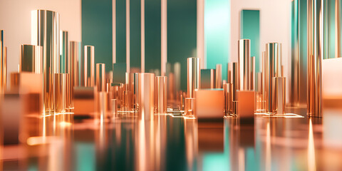 Poster - Abstract Copper City: A vibrant cityscape rendered in a mesmerizing abstract style. The copper structures shimmer against a backdrop of teal and peach hues.