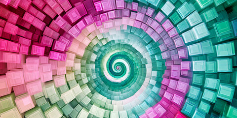 Poster - Abstract Psychedelic Spiral: A mesmerizing, kaleidoscopic spiral composed of vibrant, 3D cubes in a spectrum of pink, green, and blue hues. The swirling pattern creates a hypnotic effect.