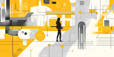 Poster - Navigating the Digital Landscape: A silhouette of a woman stands amidst a vibrant, abstract cityscape, symbolizing navigating the complexities of the modern digital world.  