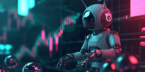 Poster - Cybernetic Trader: A futuristic robot analyzes market data amidst a vibrant, neon-lit cityscape, symbolizing the intersection of technology and finance in a captivating 3D rendering.