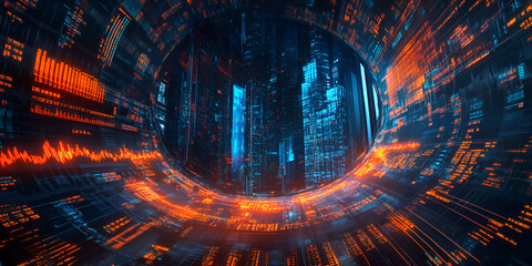 Poster - Digital Vortex: Futuristic Cityscape within a glowing circular portal.  A mesmerizing blend of technology and urban architecture.