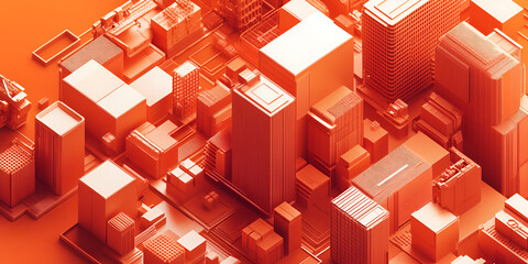 Poster - Abstract Cityscape in Vivid Orange: An aerial view of a vibrant, futuristic city skyline rendered in bold, geometric shapes and a striking orange color palette. The image evokes a sense of dynamism.
