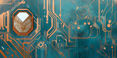 Poster - Abstract Digital Circuitry: A mesmerizing digital art piece that captures the essence of technology. This intricate design showcases copper-toned circuits against a vibrant teal backdrop.