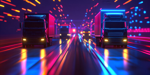 Poster - Neon Highway: Trucks race through a vibrant, neon-drenched highway, capturing the essence of speed, movement, and the dynamism of modern transportation.  