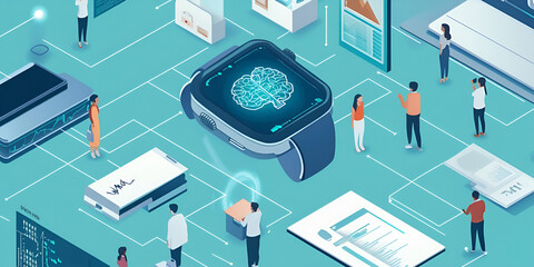 Poster - Smartwatch with Brain Icon:  A smartwatch with a brain icon at its center, surrounded by various technological devices and human figures in an isometric view.