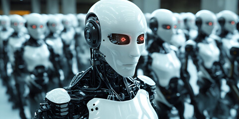 Poster - Army of Advanced Robots: A chillingly realistic depiction of a vast army of humanoid robots, their red eyes glowing ominously.  The image evokes a sense of technological advancement.
