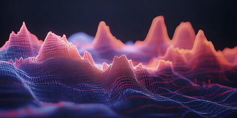 Poster - Digital Peaks: Abstract landscape of glowing, interconnected nodes forming vibrant peaks and valleys.  A mesmerizing visualization of data flow or network connectivity.