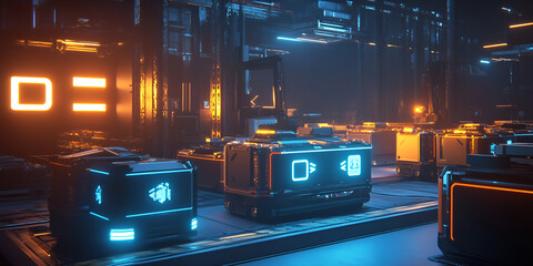 Poster - Cyberpunk Data Cubes: Neon-lit server room with futuristic data cubes, glowing with vibrant blue and orange hues, in a cyberpunk-style digital landscape.  