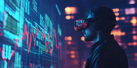Poster - Virtual Stock Market Analyst: A man wearing a VR headset analyzes data projected on a large screen, illuminated by the vibrant glow of a futuristic cityscape.  