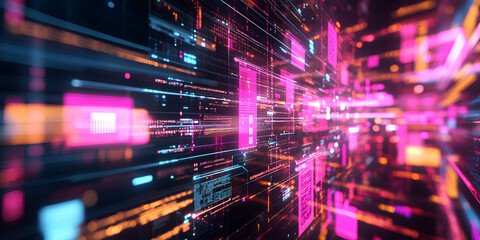 Poster - Digital Abstract -  Neon Glow:  A captivating abstract visual of a digital network, featuring a vibrant array of neon pink, blue, and orange hues.