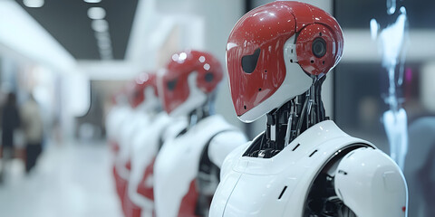 Poster - Army of Bots: A line of sleek, white and red humanoid robots stand in formation, their blank expressions and futuristic design hinting at a future where humans and machines coexist.  