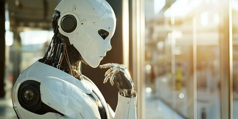 Poster - The Future is Now: A futuristic humanoid robot stands in contemplation, its synthetic eyes gazing out into the world. Its sleek.