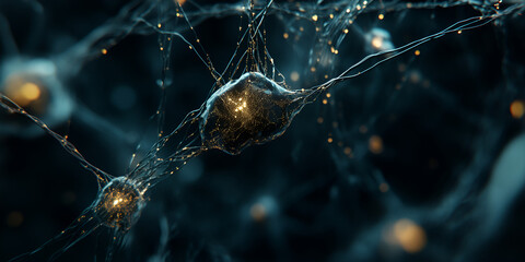 Poster - neural network glowing: microscopic view of neural network connections, glowing with vibrant energy.