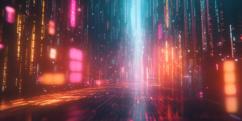 Poster - Neon Cityscape: A mesmerizing digital art piece depicting a futuristic city street bathed in vibrant neon lights, showcasing a kaleidoscope of colors and a sense of wonder.  