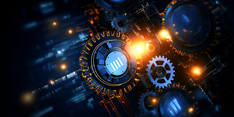 Poster - abstract technology gears: an intricate network of gears, radiating light and digital code, represen