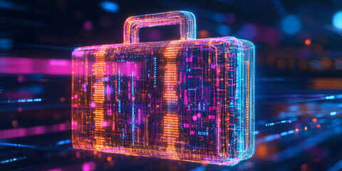 Poster - Digital Briefcase: Futuristic briefcase composed of glowing circuits and vibrant neon colors, symbolizing digital transformation and modern business.  