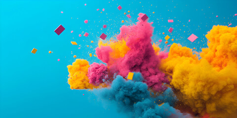 Poster - Abstract Color Burst: A mesmerizing explosion of vibrant hues, pink, yellow, and blue ink dance and collide against a cool blue backdrop, creating an ethereal and dynamic abstract art piece.  