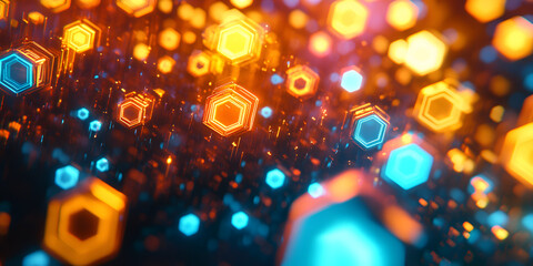 Poster - Hexagon Symphony: Abstract Digital Art of glowing hexagons in vibrant orange and teal hues, creating a mesmerizing and futuristic backdrop.