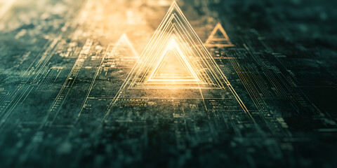 Poster - golden triangles abstract: glowing golden triangles emerge from a dark, textured background, creatin