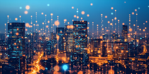 Poster - Cityscape of Innovation:  A mesmerizing view of a modern metropolis at night, illuminated by a vibrant network of digital connections.  The city's skyline, a tapestry of gleaming skyscrapers.