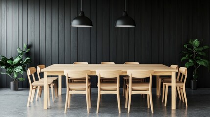 Wall Mural - Long wooden table with chairs in a dark room.