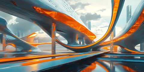 Poster - Futuristic Cityscape: A mesmerizing vision of the future with a sweeping, abstract cityscape,  glowing orange and blue hues, and intricately designed structures.