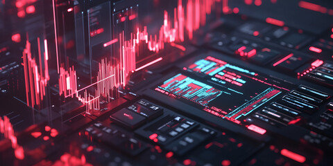 Poster - Cybernetic Pulse: Abstract digital art depicting a futuristic circuit board with dynamic data streams and vibrant red and blue hues.  The image evokes themes of technology, innovation.