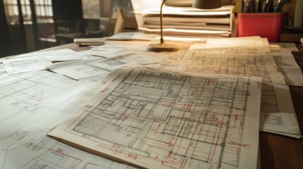 Poster - Detailed architectural blueprints on a workspace.