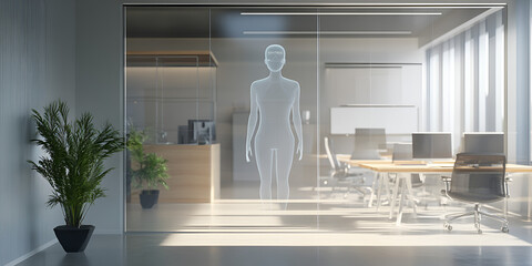 Poster - Modern Office Hologram: Futuristic business interior with a translucent female hologram projected onto a glass wall, showcasing cutting-edge technology in a sleek, contemporary workspace.  