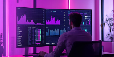 Poster - Data Driven Decisions: A businessman meticulously analyzes financial data displayed on multiple screens, showcasing the importance of data-driven insights and strategic planning in modern business. 