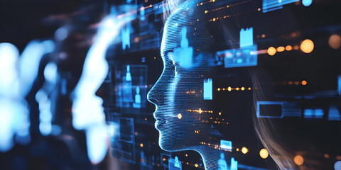 Poster - Digital Minds: A futuristic depiction of interconnected digital profiles, symbolizing the convergence of technology and human consciousness in the digital age.