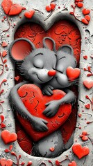 Wall Mural -   A painting depicts two mice embracing, with a crimson heart centrally placed and an array of hearts encircling it