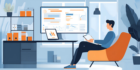 Poster - Strategic Planning Session: A focused young man reviews data on his laptop and large monitor, immersed in a thoughtful analysis within a modern, minimalist workspace.  