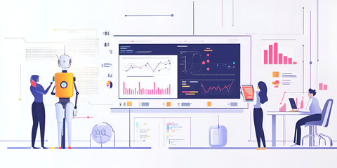 Poster - The Future of Business: A futuristic illustration depicts a team of professionals working collaboratively in a modern office, utilizing AI technology and data analytics to drive business success.  