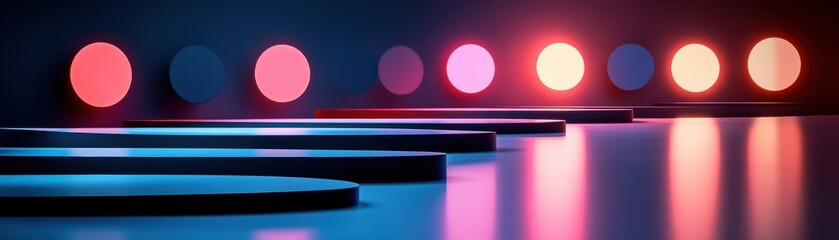 Wall Mural - Colorful illuminated circles on a reflective surface, vibrant and abstract design.