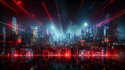 Poster - Neon technology city business concept with skyscraper buildings and virtual network connection