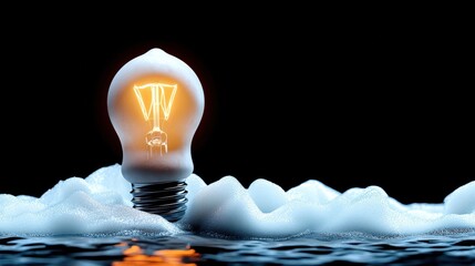 Wall Mural - Light bulb illuminated in water with splashes, dramatic contrast.