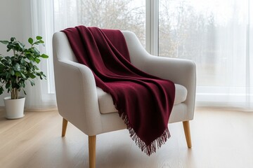 Wall Mural - home decor styles, burgundy throw blanket casually placed on armchair in airy scandinavian living room with wide windows and minimalist decor