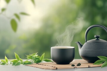 Canvas Print - Steam rises from a cup of tea beside a teapot in a tranquil green setting