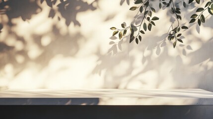 Poster - Empty white shelf with sunlight and leaf shadows on beige wall.