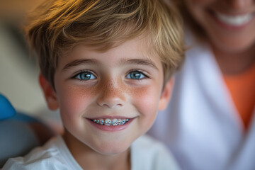 Wall Mural - Close-up of a smiling child receiving orthodontic treatment.