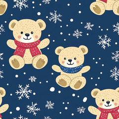 Wall Mural - Christmas snowflake seamless pattern with teddy bears