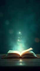 Poster - Mystery open book with shining light fantasy book with magic light and stars on a table with teal background