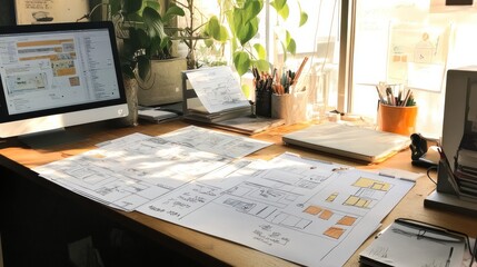 a ux design paper arrangement on a desk is highlighted, along with an invitation to test designs.