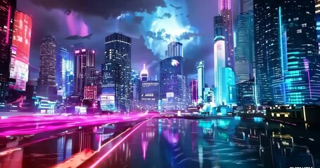 Poster - Cybernetic cityscape under neon skies, 4K Video