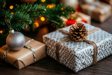 Canvas Print - Wallpaper Featuring A Christmas Tree Adorned With Homemade Ornaments Representing Savings Goals, Beside A Stack Of Presents Tied With String, Evoking A Sense Of Thoughtful Holiday Spending